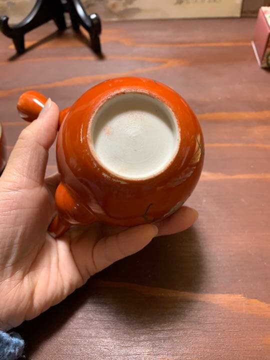 九谷焼 珊瑚紅釉 茶壺 直須 茶碗