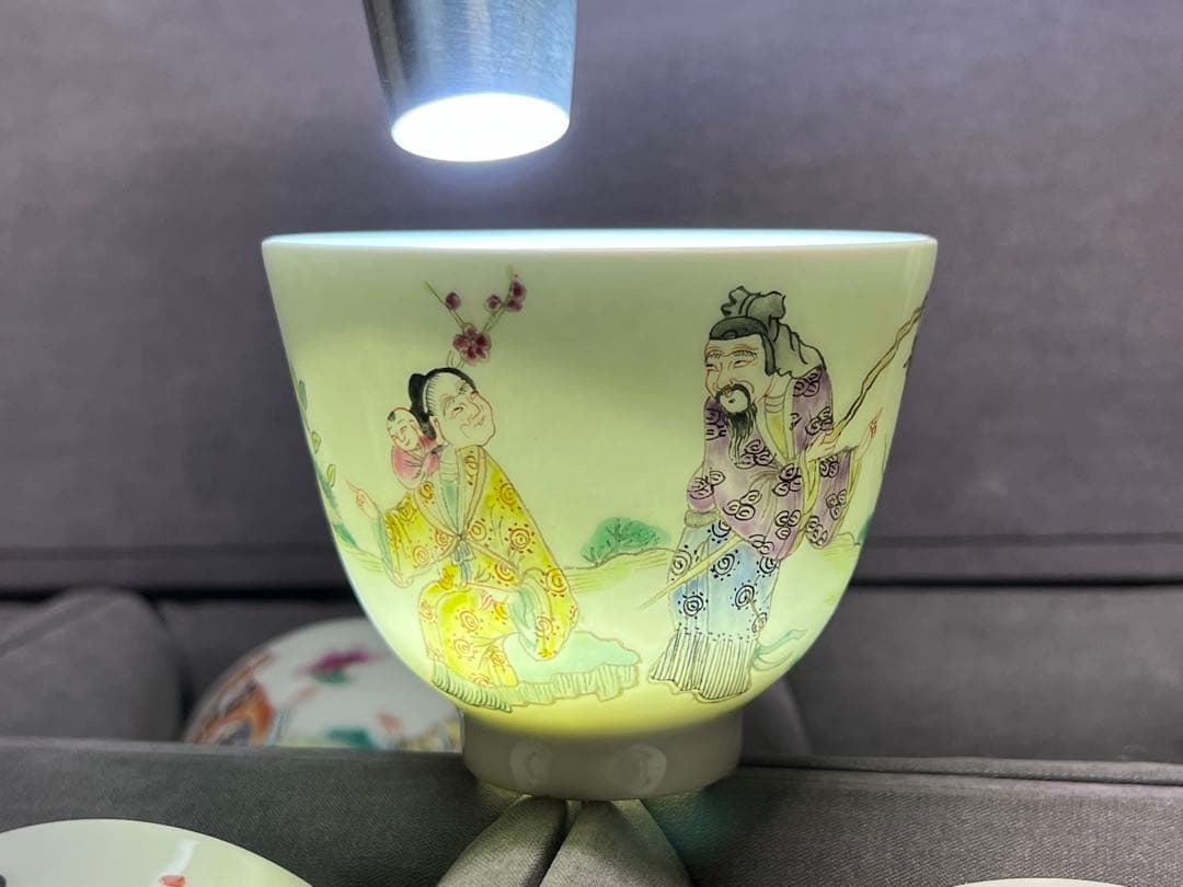 中国古美術 古磁 玩玉在銘 湯呑み 6点セット 手描き 細工粉