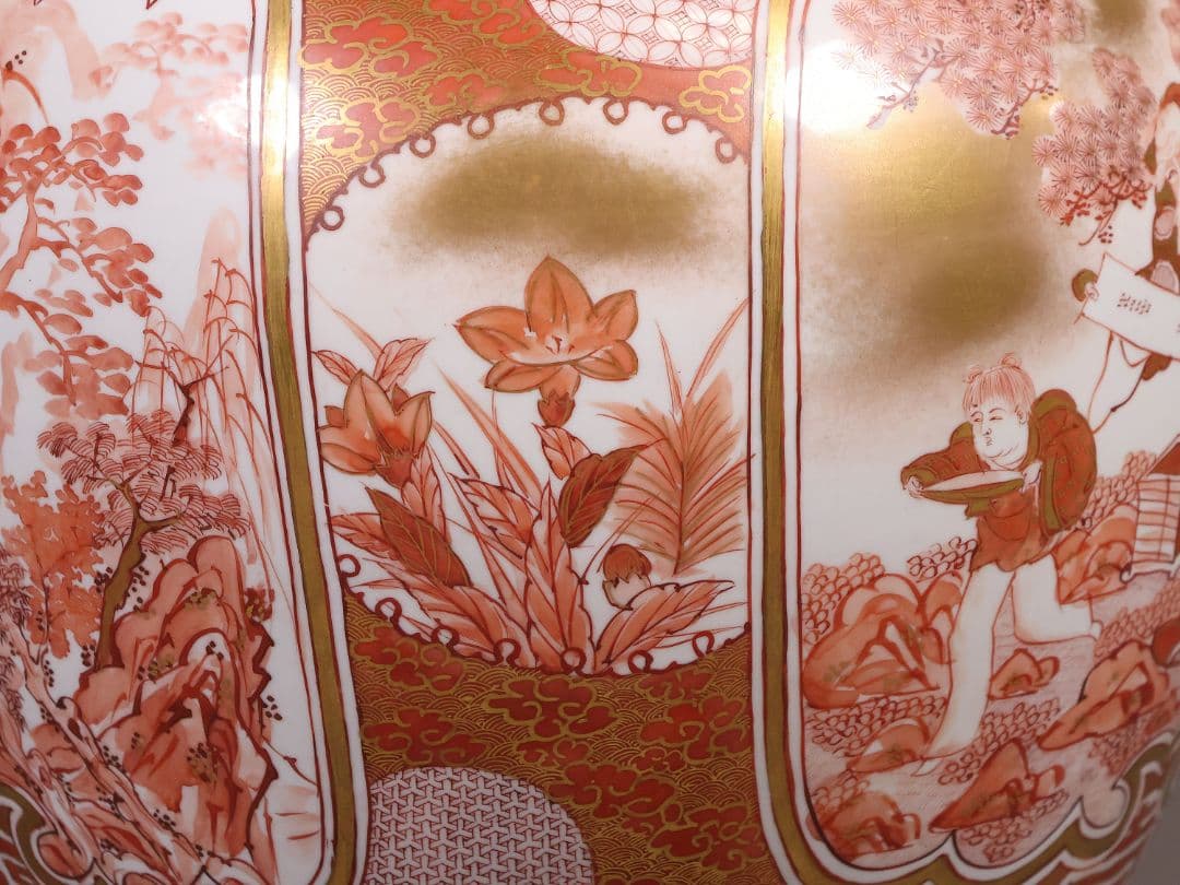 M387】九谷焼 名工 橋田与三郎 細密赤絵金彩 花瓶 楼閣山水人物草花 花器