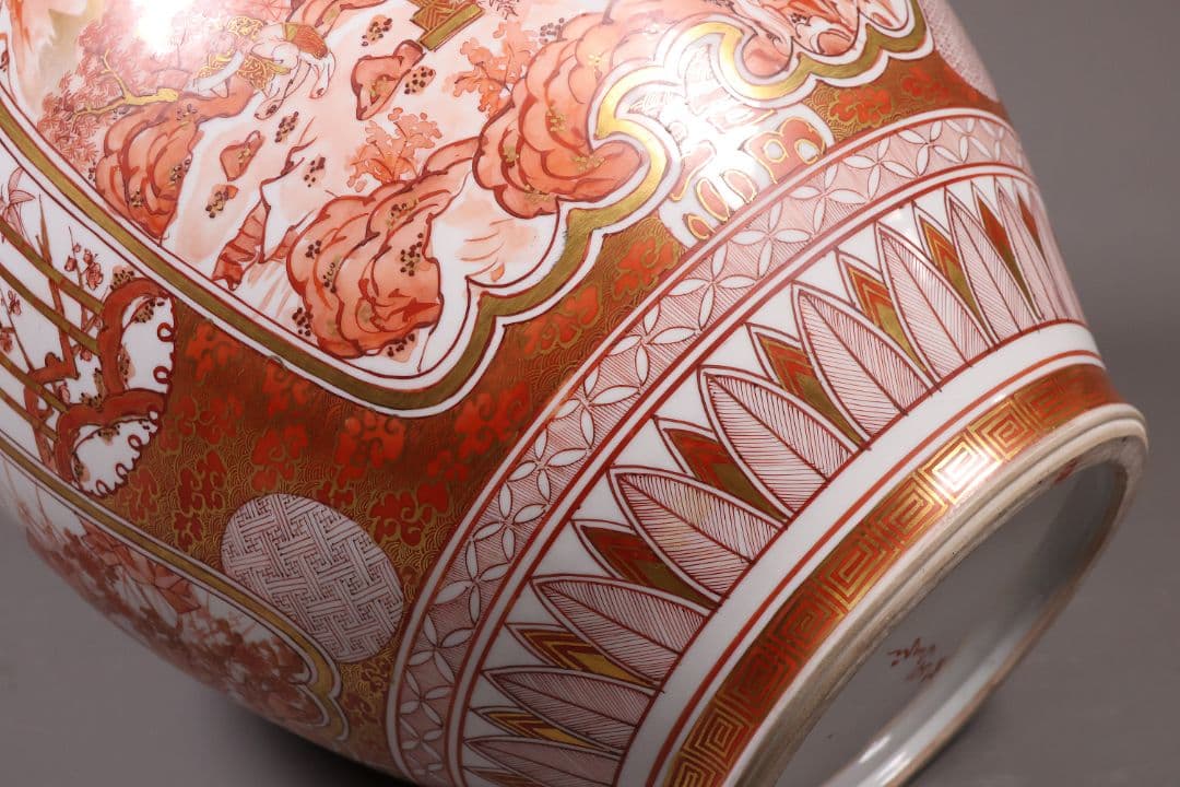 M387】九谷焼 名工 橋田与三郎 細密赤絵金彩 花瓶 楼閣山水人物草花 花器