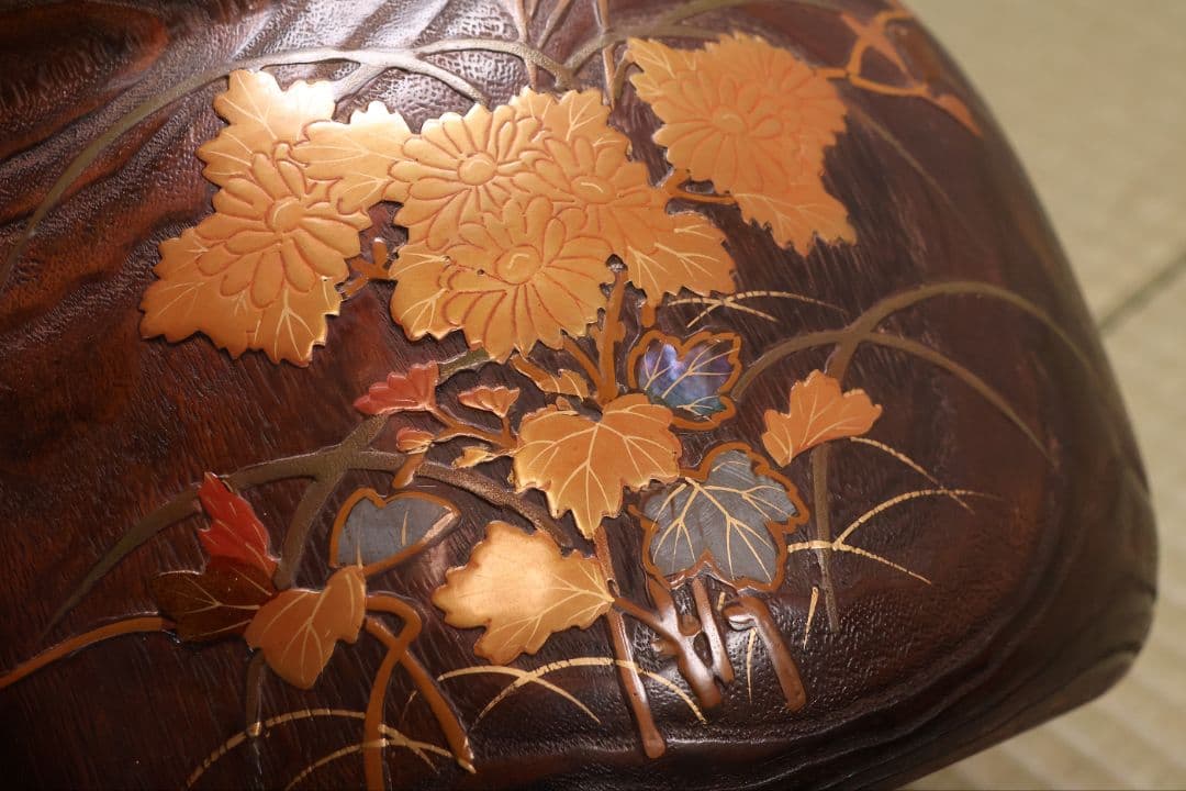 小菊蒔絵 桐火鉢 一対 幅29cm 草花 蝶 螺鈿 金蒔絵 古民具【MB104】