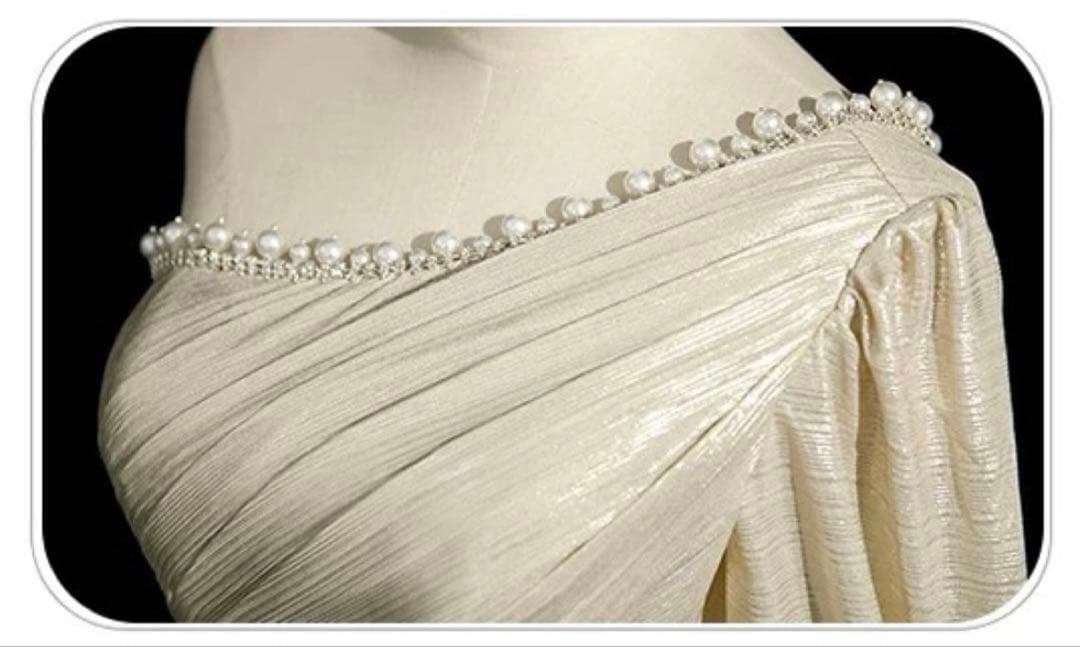 光沢感ある生地にパールが美しい ワンショル イブニングドレス