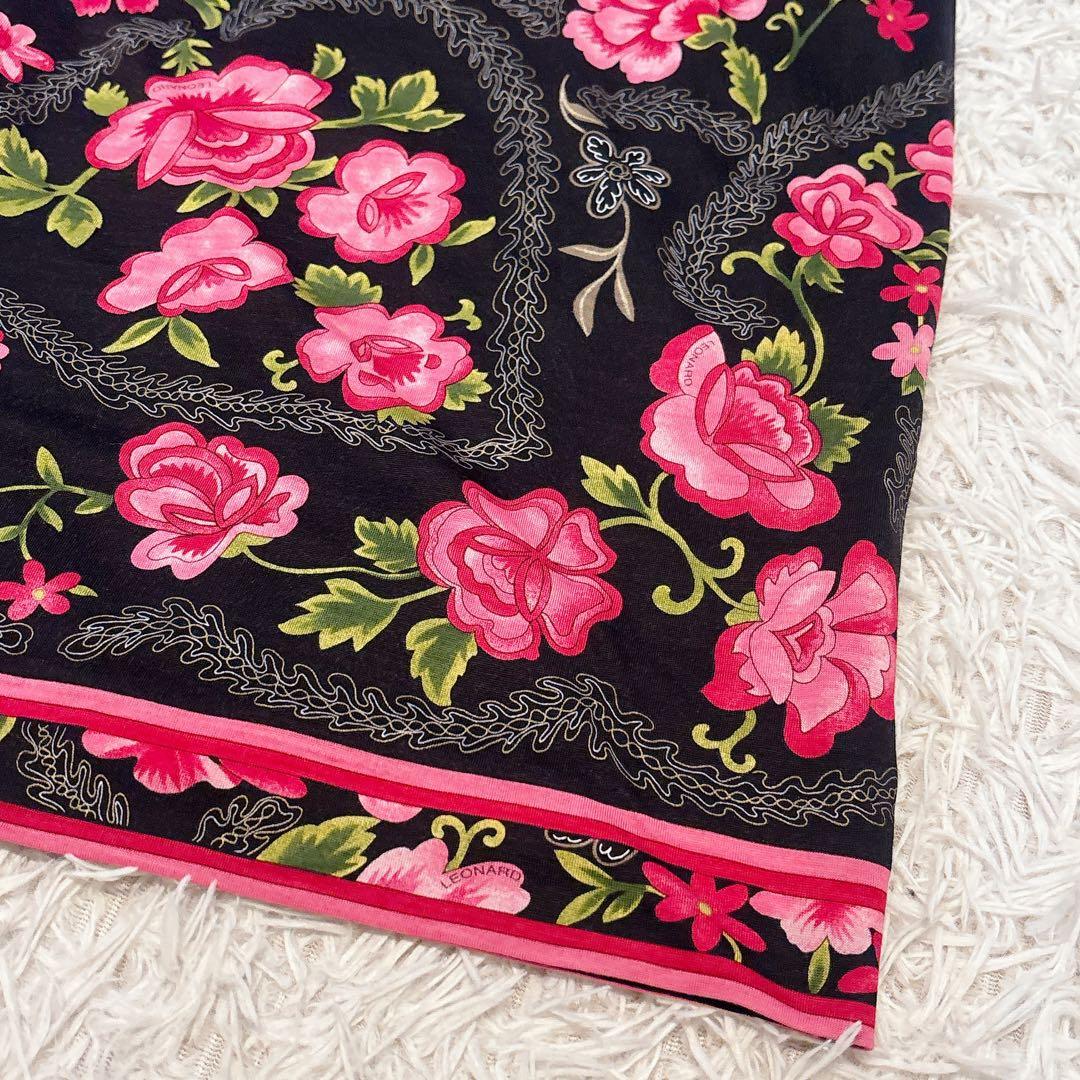 未使用級✨レオナール ウール シルク スカート トリム 花柄 黒 レディース