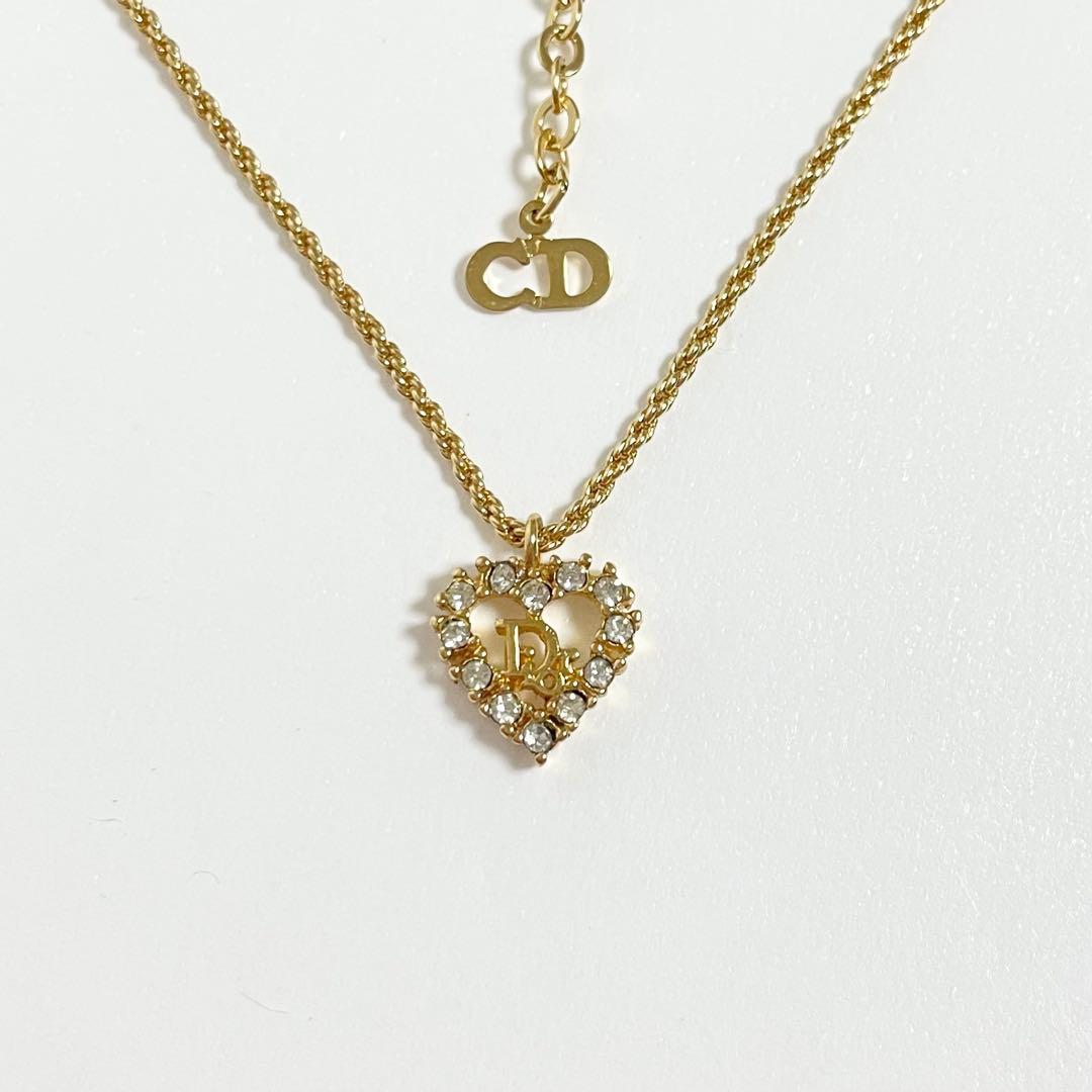 美品 ディオール Dior ハート ネックレス ロゴ ラインストーン ゴールド