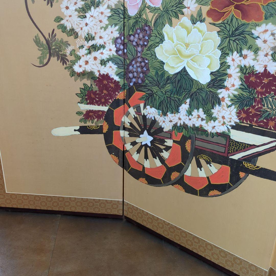屏風 御所車 牡丹 衝立 間仕切り 手描き 折りたたみ 紙箱 ディスプレイ