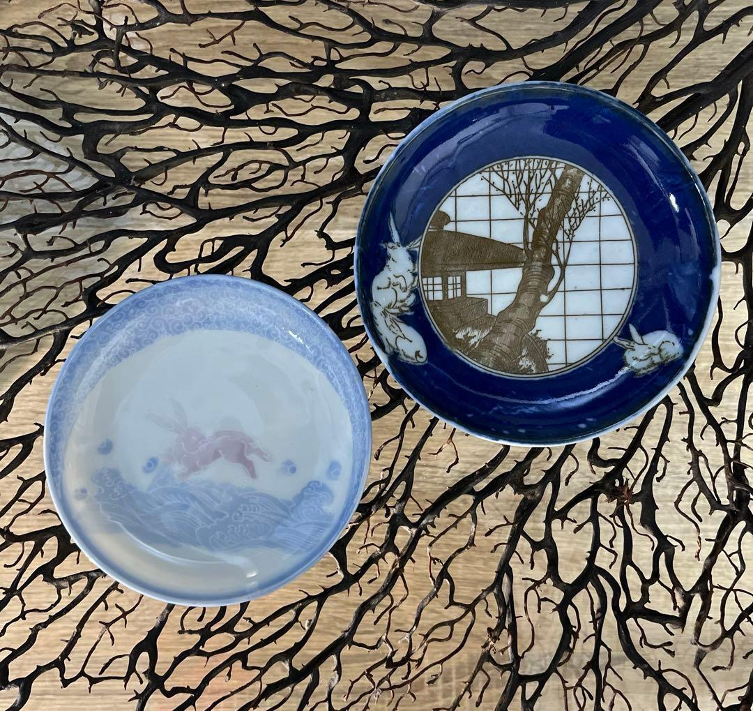 骨董 古伊万里 印判 図変わり印判 石灯籠 桜 3羽兎 円窓 小皿