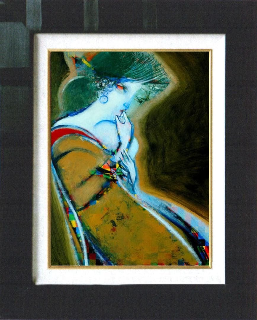 油絵 菅家令子 絵 絵画インテリア額付( 青緑＋金色の枠)F4-080514女性