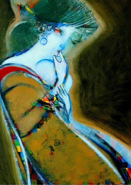 油絵 菅家令子 絵 絵画インテリア額付( 青緑＋金色の枠)F4-080514女性