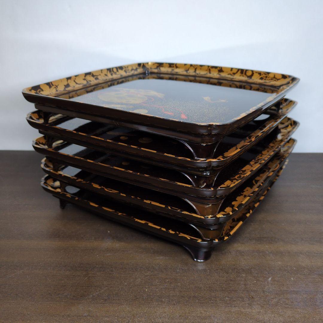 時代 金銀蒔絵 宝尽し唐草文 足付き 盆 五客