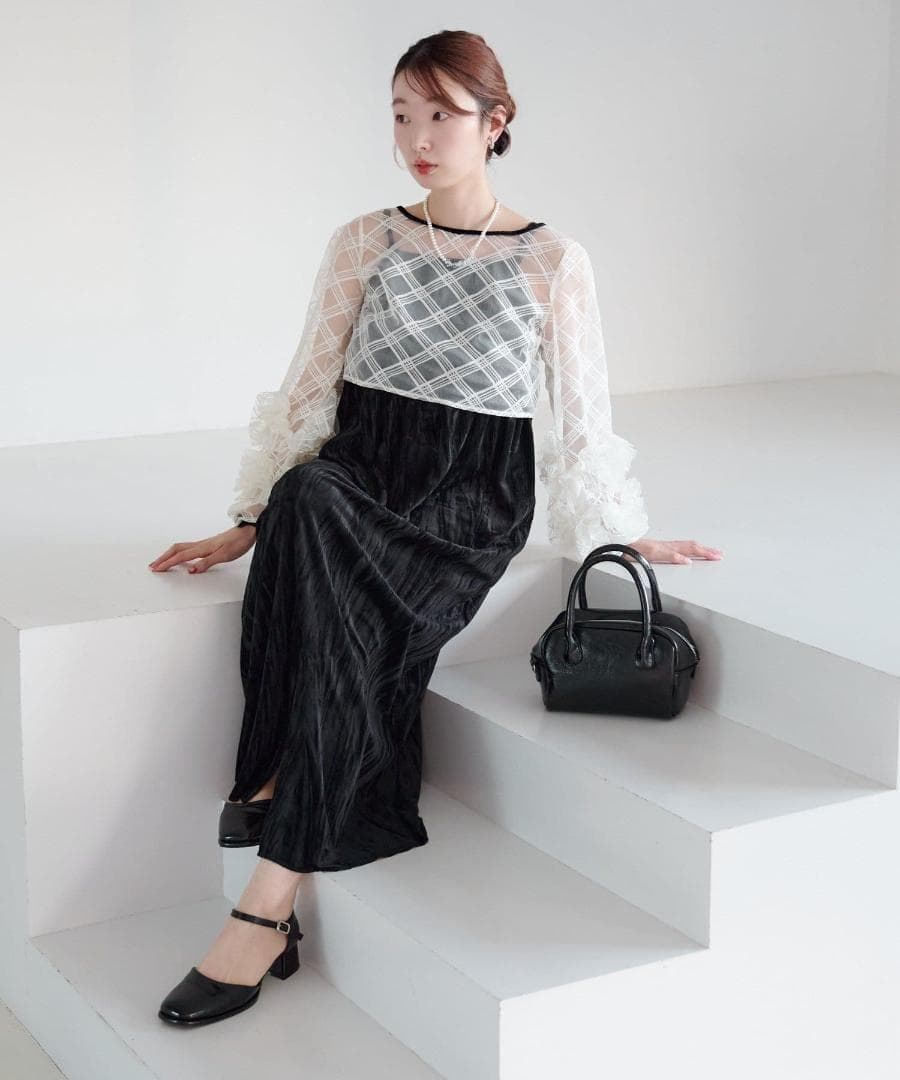 1 Kastane 結婚式 オケージョン シアーチェック×ベロアワンピースSET