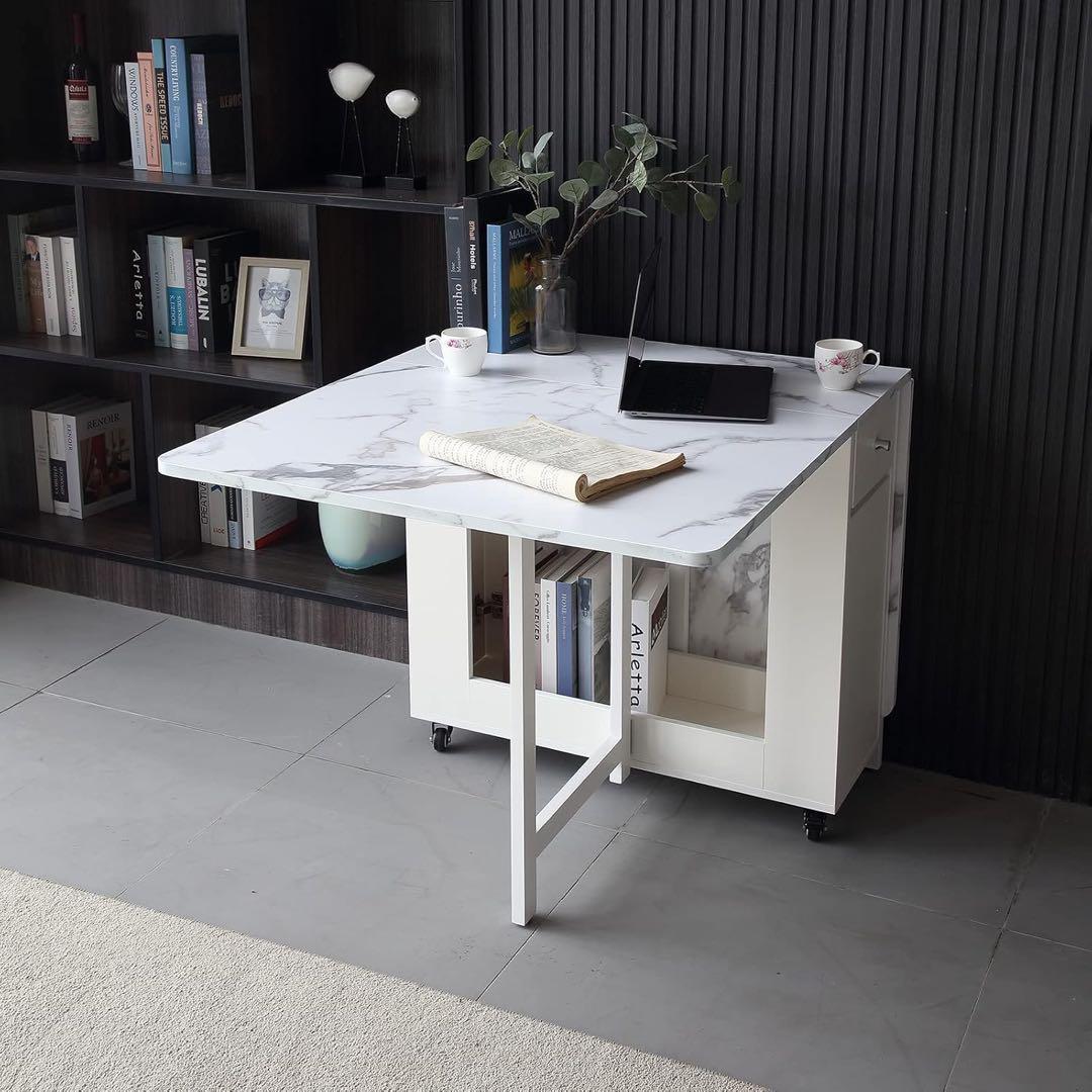 折りたたみダイニングテーブル 引き出し付き 伸縮式 収納棚付き 大理石風