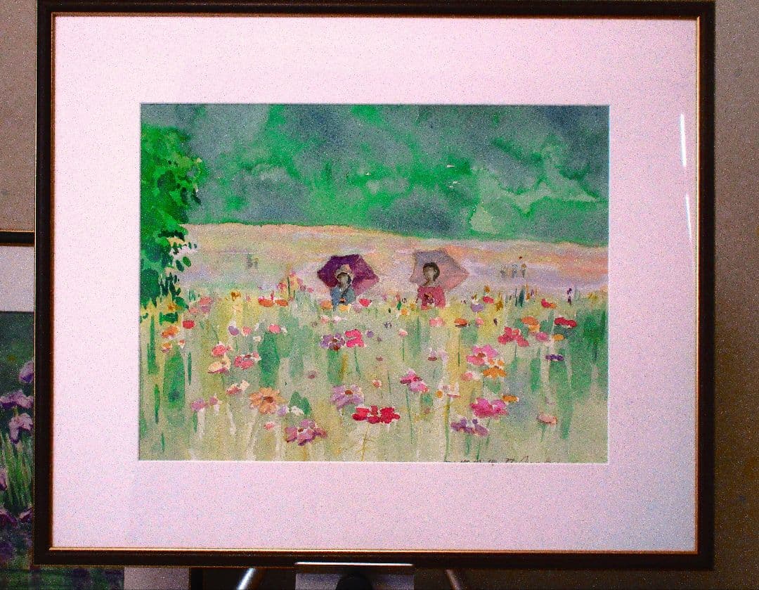 水彩画 ポピーの咲く公園 額縁付き