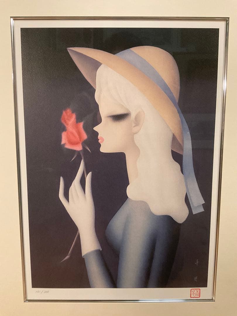 東郷青児 「バラ一輪」 リトグラフ 直筆サイン・エディション・作品