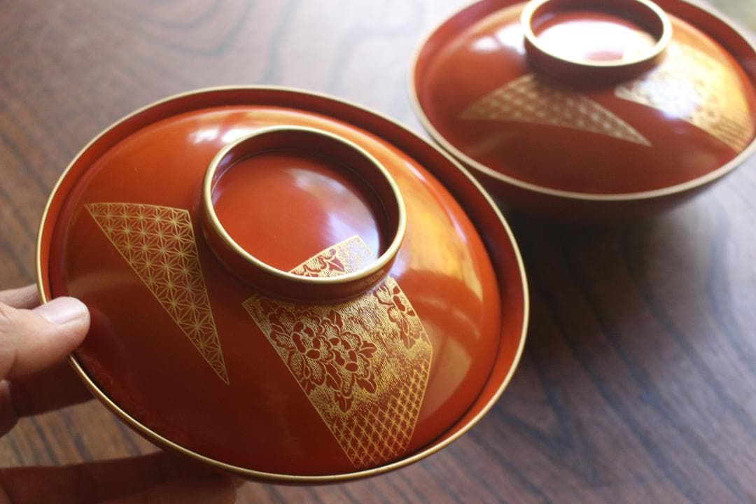 時代逸品！上質朱漆に極上花文沈金の大椀2点（検漆器輪島塗沈金椀雑煮椀