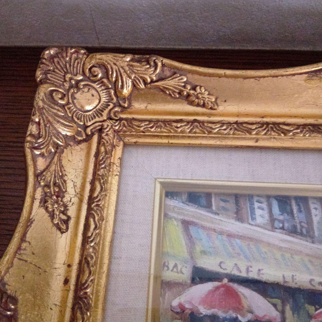 岸本喬夫 油彩画 街角（パリ）カフェの風景 風景画 パリ 油絵「街角の