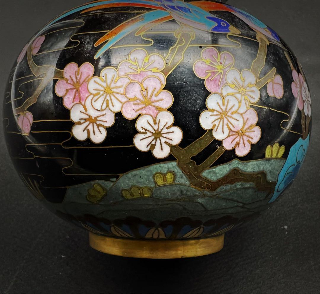 中國美術 古玩 景泰蓝 七宝焼 黒地花鳥蝶々紋様瓢箪 花器 京法造