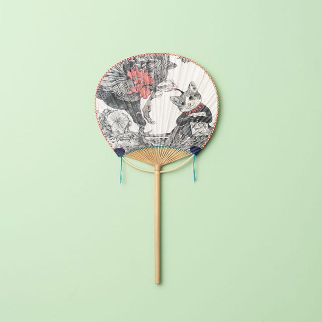 未使用】ヒグチユウコ ボリス雑貨店 団扇 ギュスターヴ 若冲雄鶏図