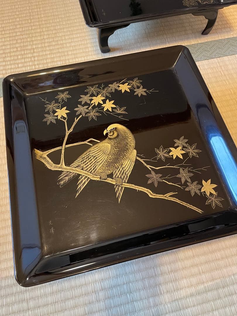 5点セット　脚付膳　お膳台　漆塗り　金　蒔絵　鳥　鷹　鶯　花　紅葉　もみじ　瓢箪