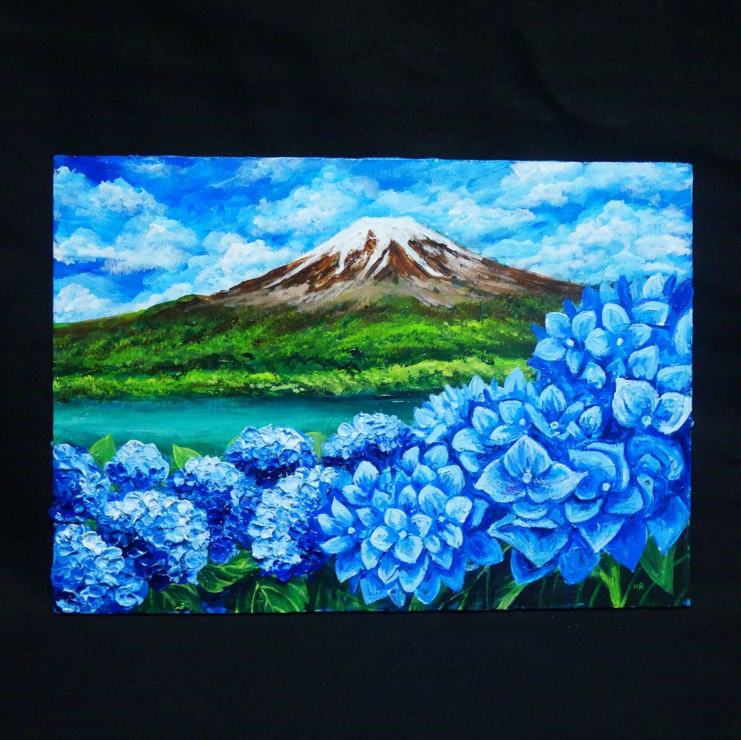 油絵 油彩 油彩画 絵 絵画【富士山と紫陽花】
