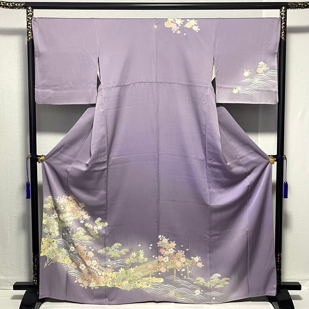 D875 訪問着 薄紫 一つ紋 金駒刺繍 桜 波 正絹 着物 袷 極
