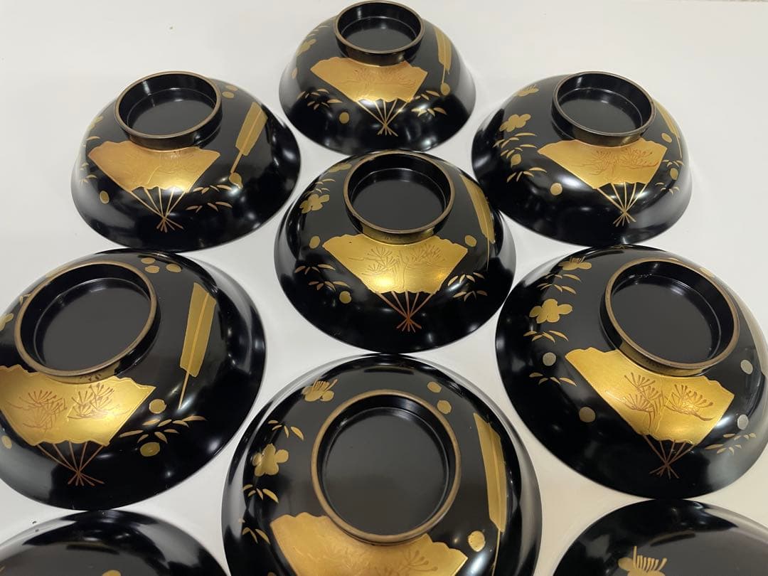 漆器 輪島塗 金蒔絵 扇柄 黒 内黒 吸物 割烹 蓋付き10客個 お煮物椀