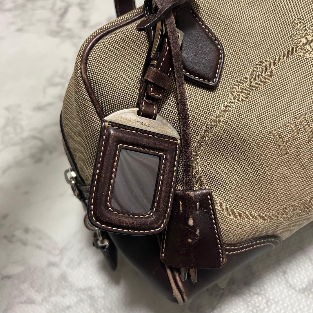 プラダ ロゴジャガード ミニボストン ハンドバッグ キャンバス レザー ベージュ