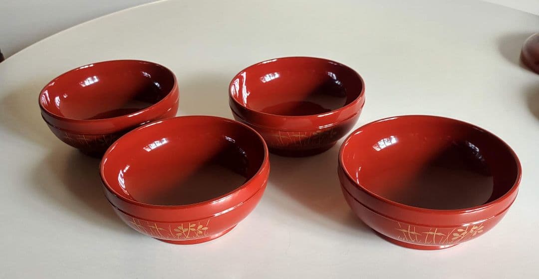 輪島塗　朱塗 大平椀　磨蒔絵 秋草の図　4客