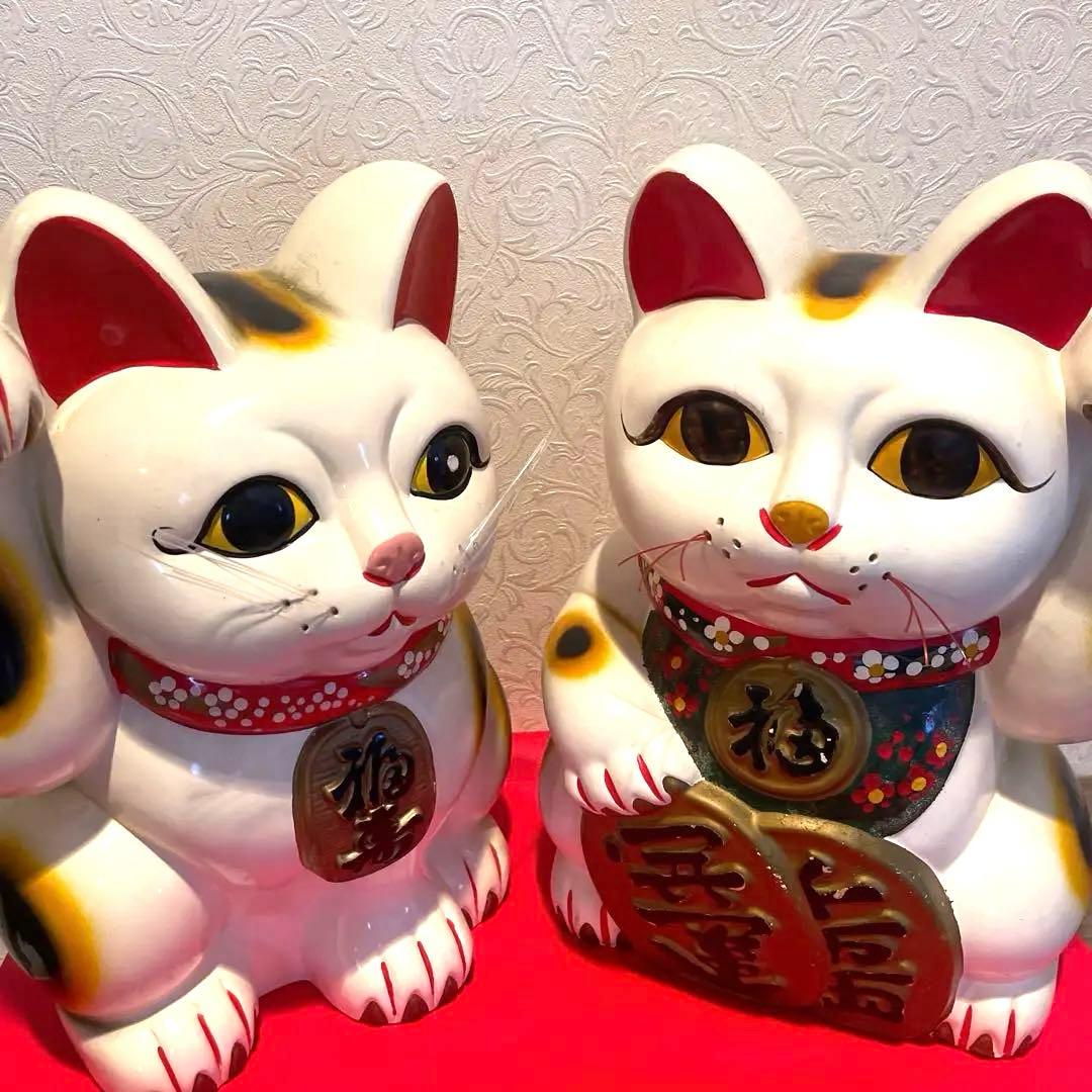 昭和レトロ【幸運招き猫ペア】大43cmX30cm商売繁盛陶器オブジェ置き物