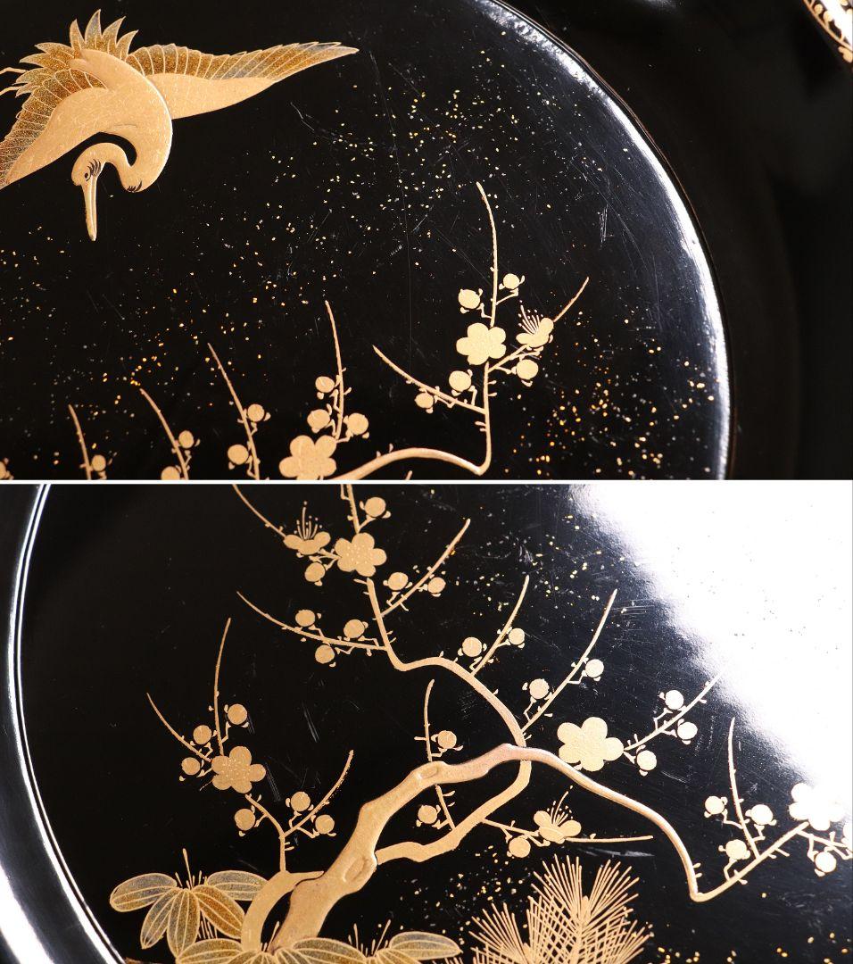 MA220 時代漆器 松竹梅鶴金蒔絵 縁唐草 黒塗 大徳寺盆 五客 菓子盆 木皿