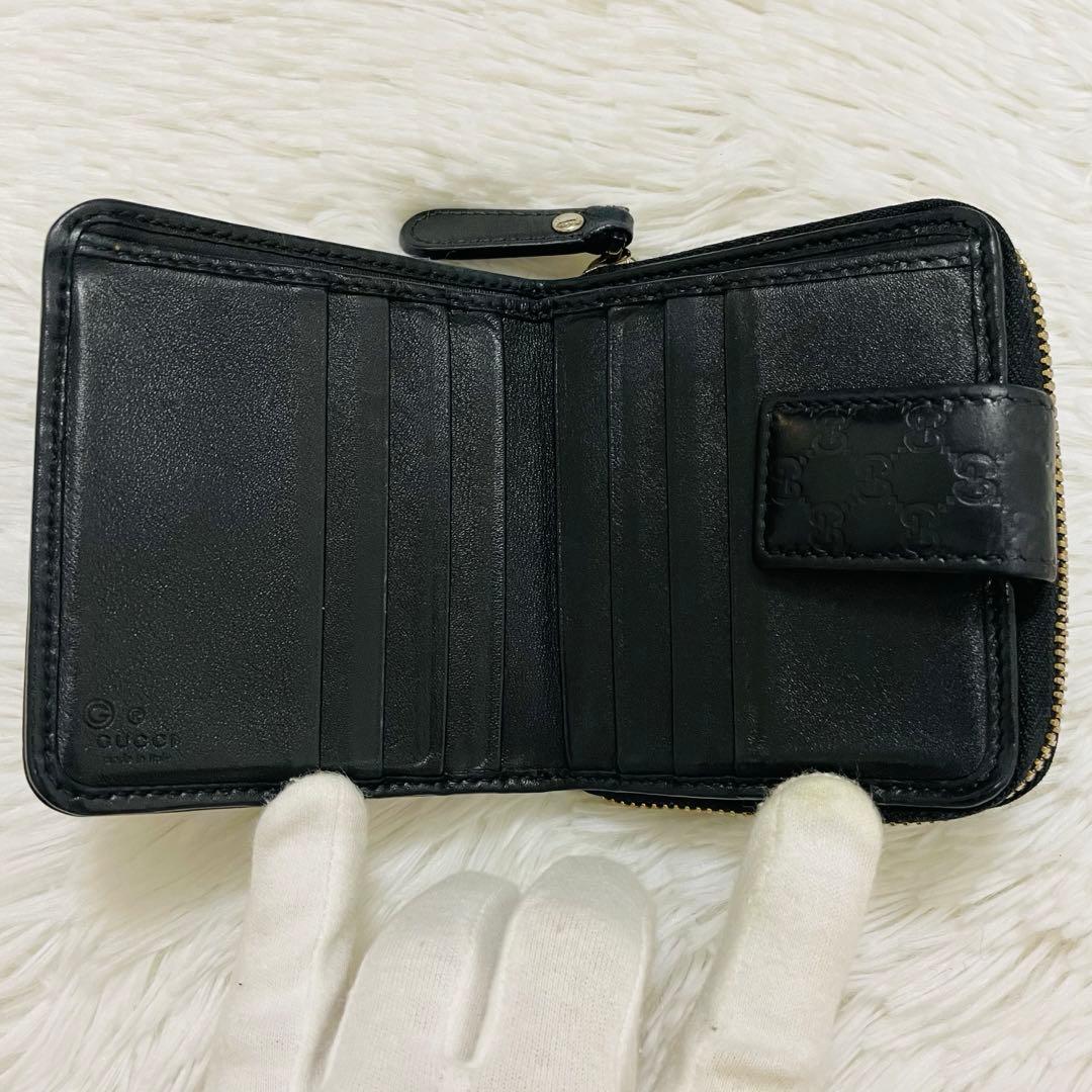 極美✨GUCCI 二つ折り財布 ラウンドジップ マイクロシマ ロゴ レザー 黒