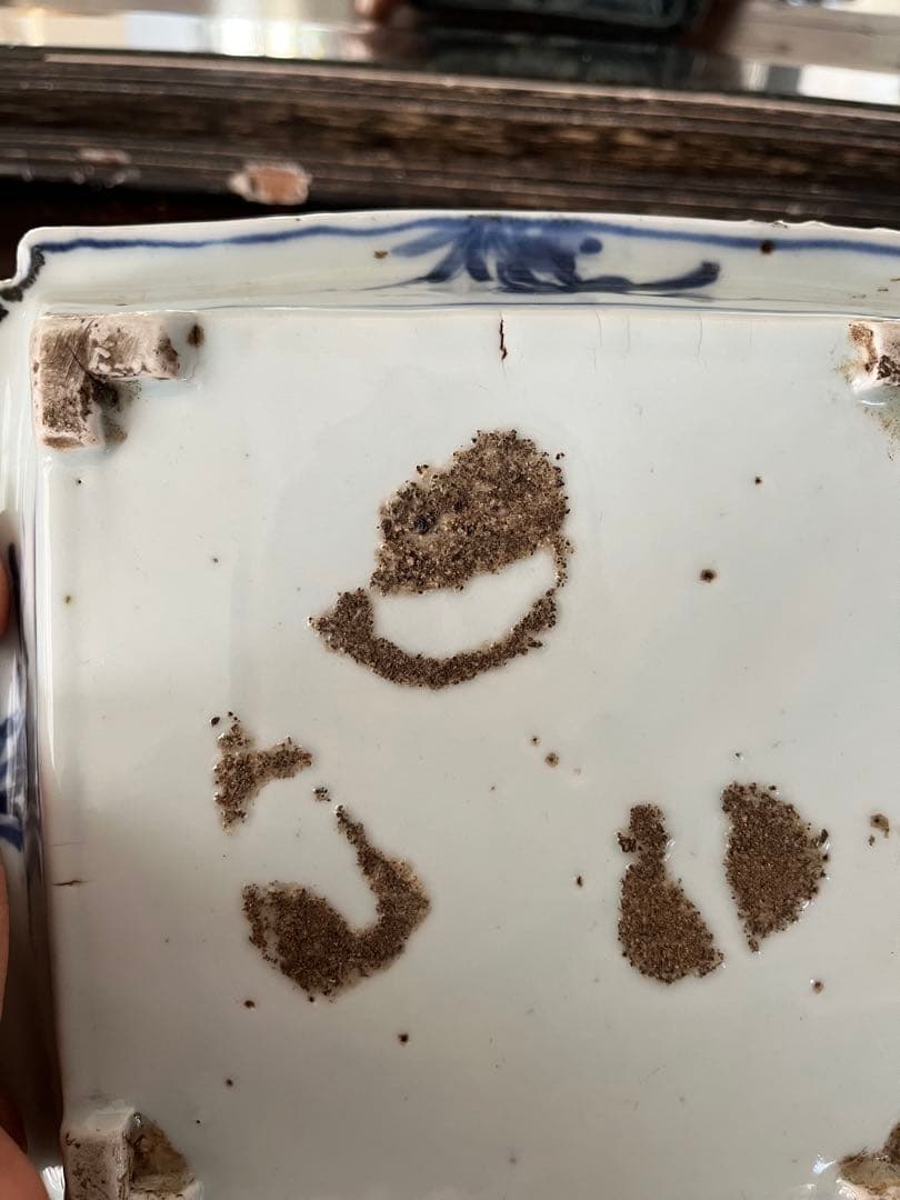 希少無傷　中国美術　明　天啓古染付　牛車に翁　紗綾紋　隅切角皿　古伊万里　清朝期