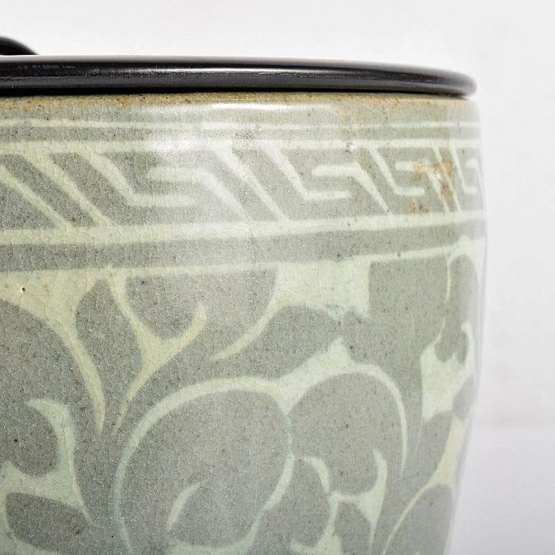 韓国 水広陶窯 李貞夏作 高麗青磁 花文 水指 合わせ箱 V