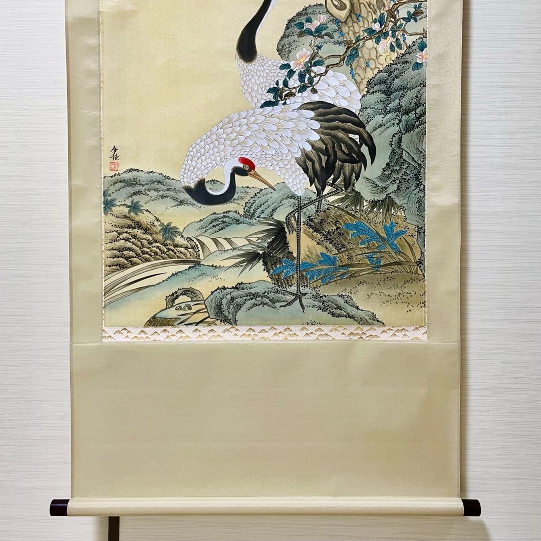 絹本 肉筆掛け軸花鳥画 細筆画 鶴と松 美術品 和室 茶室 吉祥 長寿