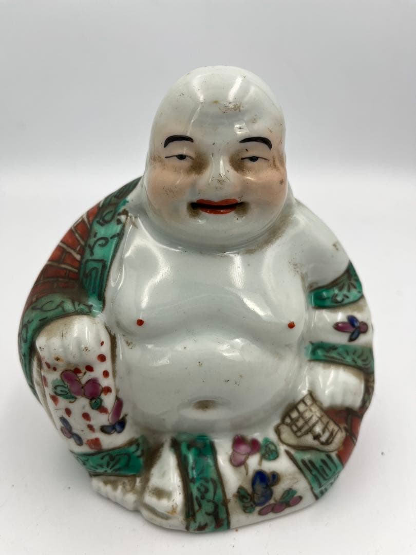 中国美術清時代仏像 置物 弥勒 粉彩 赤絵中皿ニュウあり