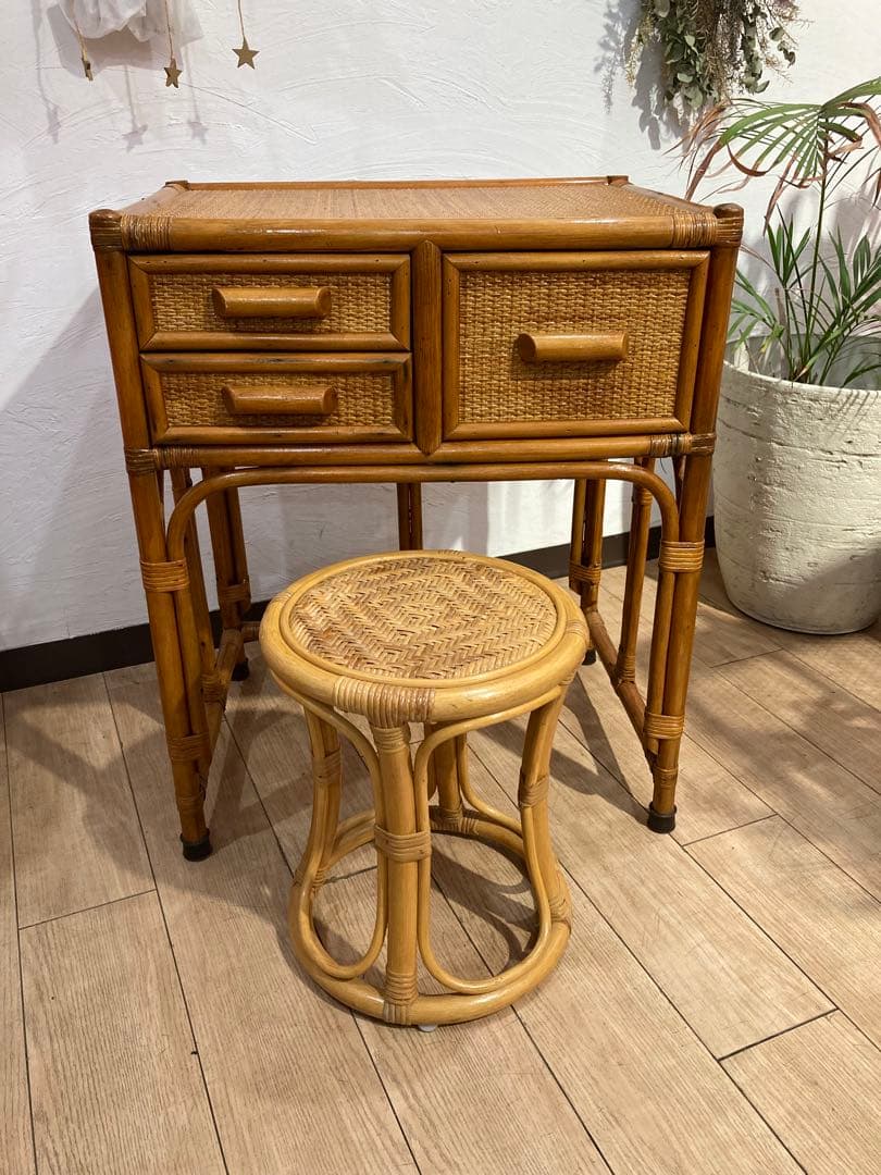 ラタン ドレッサー イス付き 昭和レトロ 鏡台ビンテージラタン