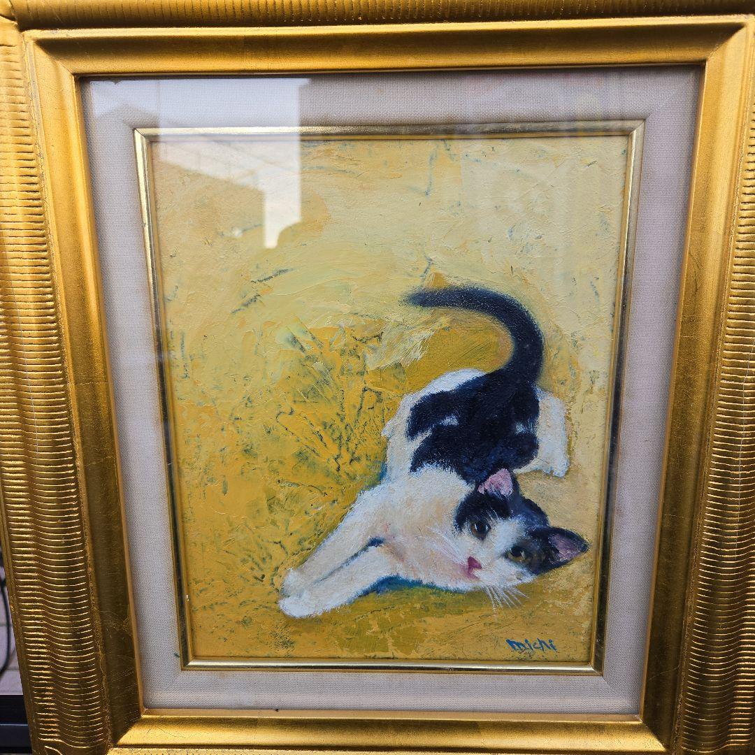 猫の油彩画 　可愛い猫　金色フレーム付き