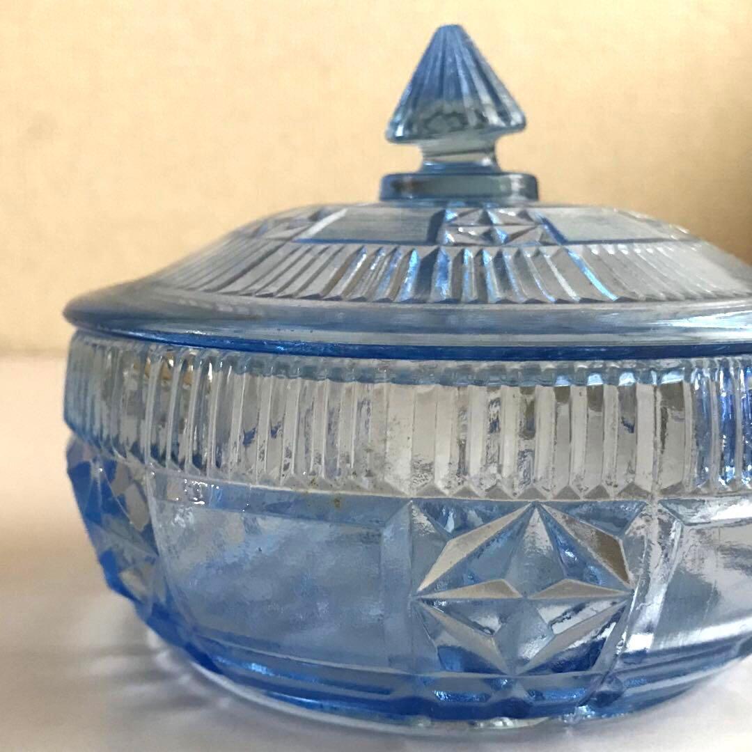 昭和レトロ プレスガラス キャンディポット 青ガラス 蓋付き ガラス
