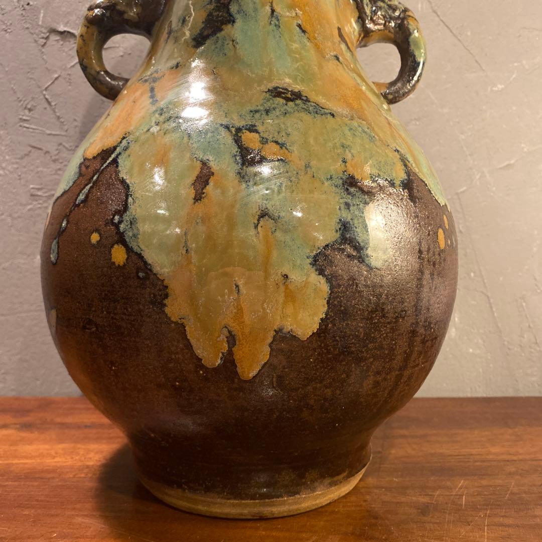 民陶 小鹿田焼 流釉 双耳広口大壺 花器 インテリア 骨董品