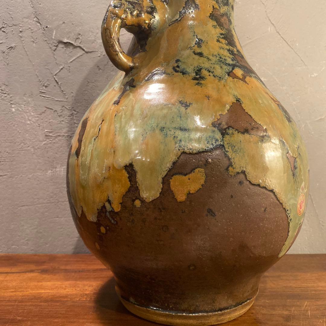 民陶 小鹿田焼 流釉 双耳広口大壺 花器 インテリア 骨董品