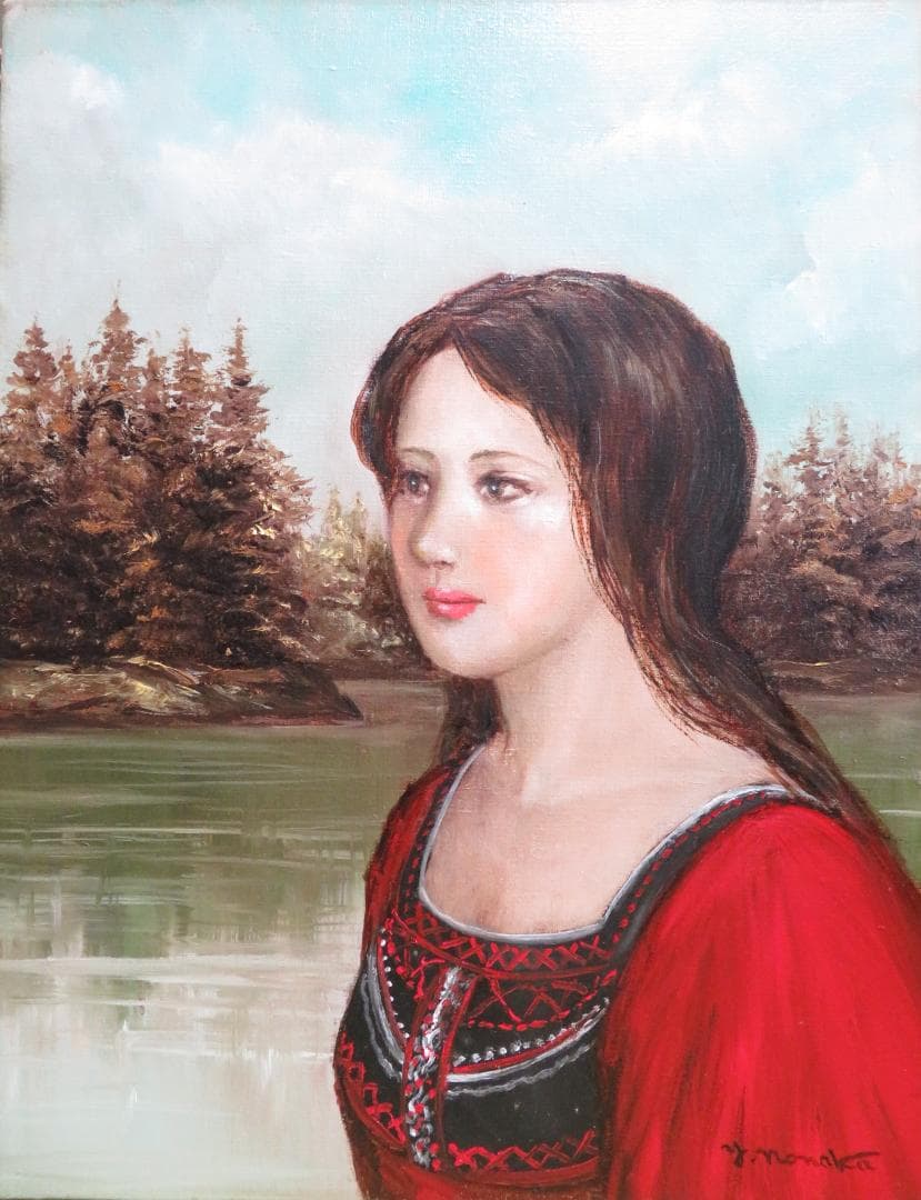 能仲ヤツヲ　「湖の女」　油彩　F6号　　モダンアート会員　叙情とロマンの世界