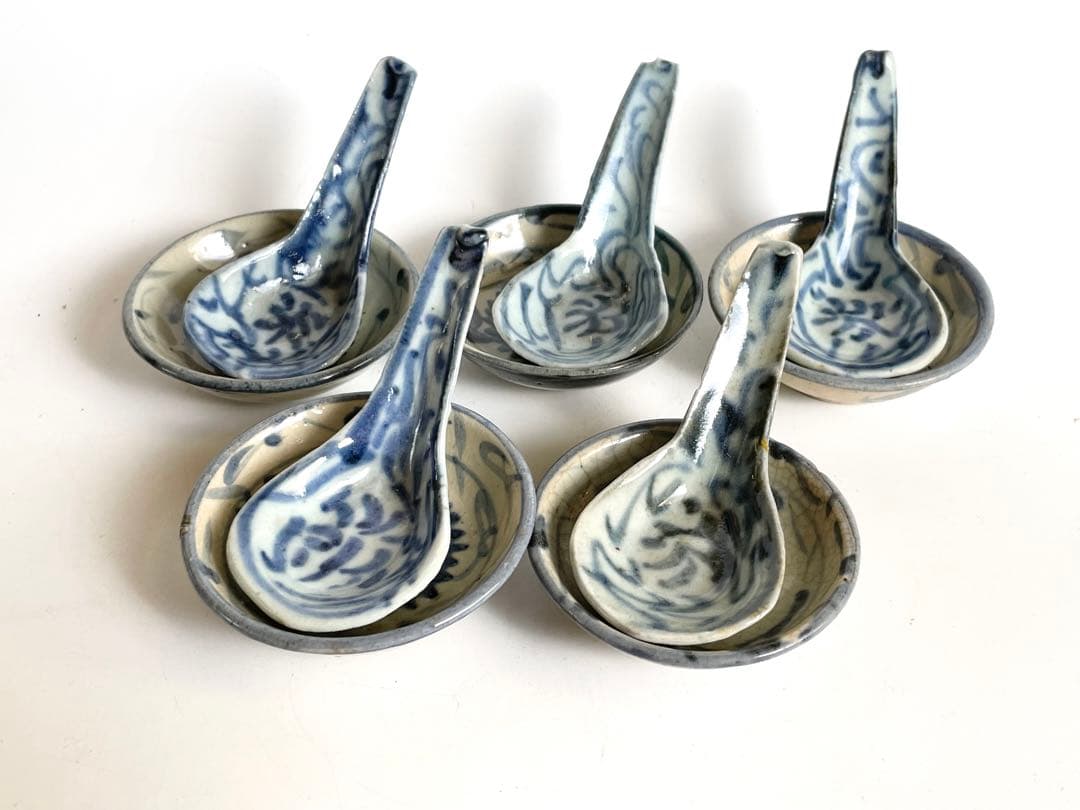 骨董 アンティーク 清朝 中国 染付 花文様 豆皿 小皿 手塩皿 5枚