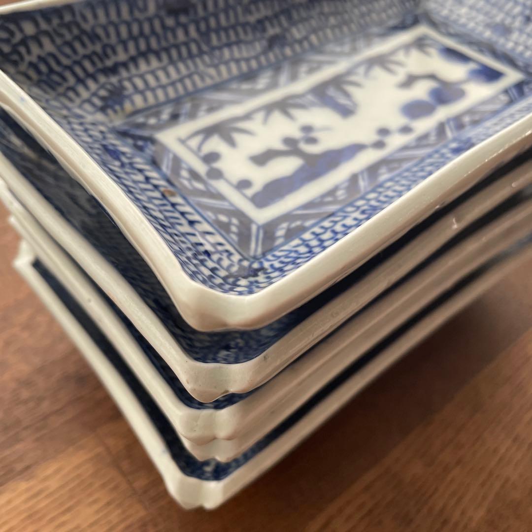 古伊万里染付 微塵唐草 松竹梅 五客揃 長皿5客 骨董アンティーク