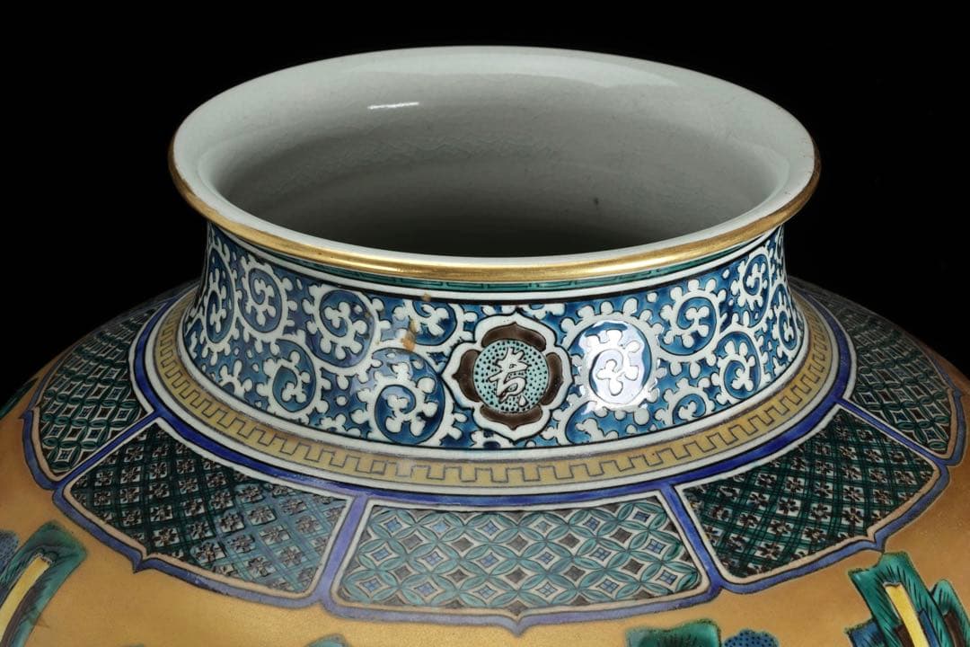 九谷焼 聚山作 金彩色絵 楼閣山水図 特大飾壺 高48㎝