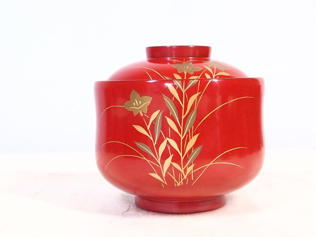 美品】輪島塗 西久保田漆器店 朱塗 桔梗蒔絵 小吸物椀 5客