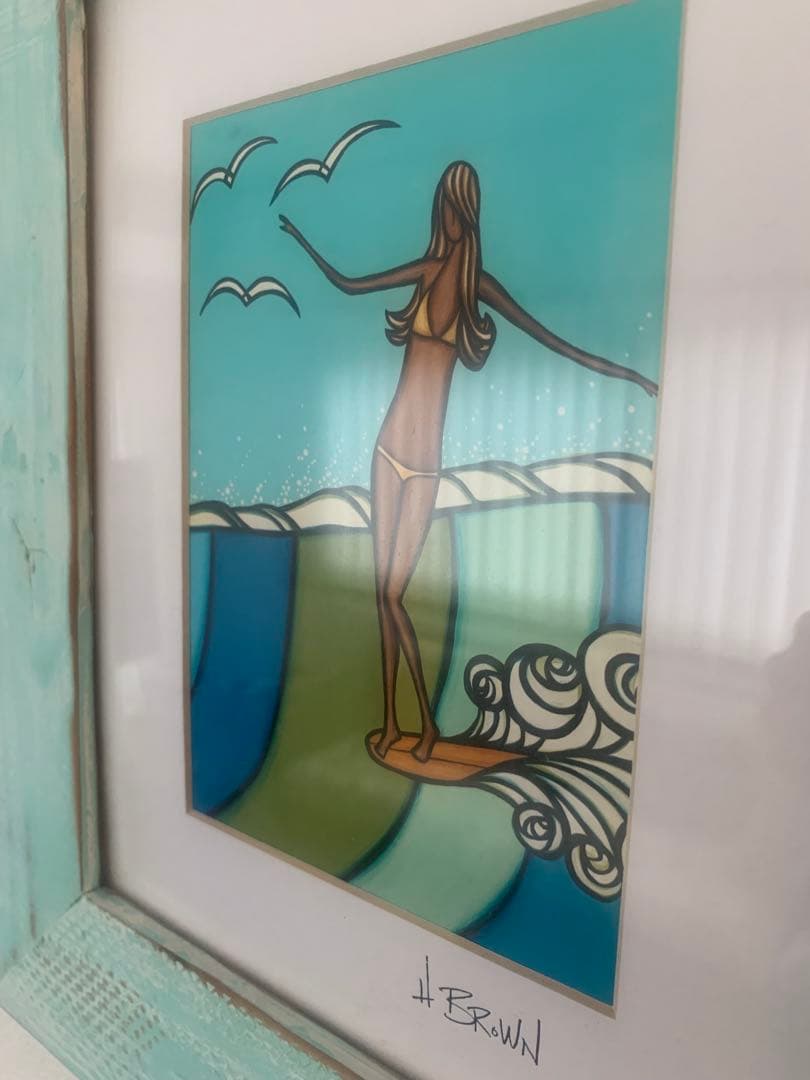 正規品　ヘザーブラウン ハワイアート 正規フレーム・額縁付き　サーフガール