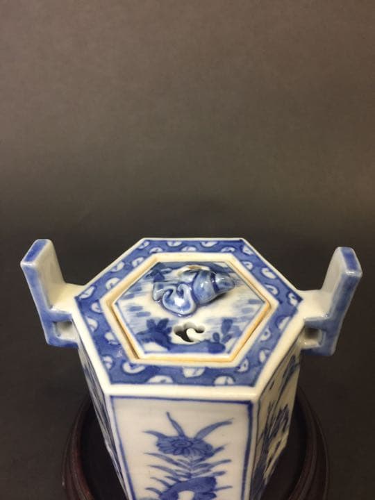 双耳6面三足 山水紋染付香炉  年代物