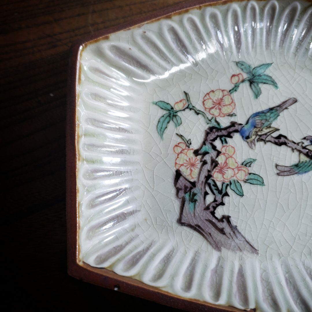 変形皿 角皿 舟形 古九谷 色絵付 鳥 明治 大正 銘 角福 二