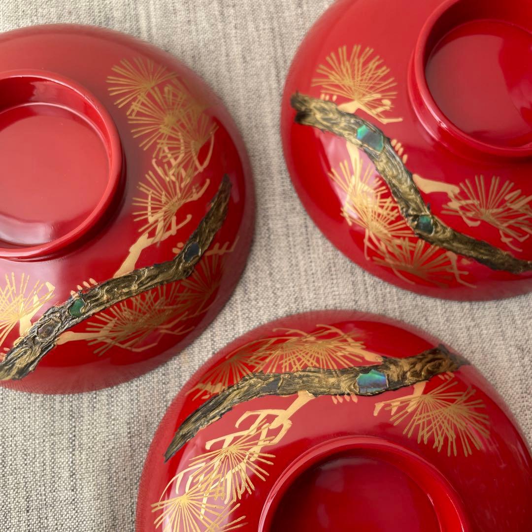 木製 螺鈿 手描き 漆塗 お椀 老松 5個セット 加賀藩 山中塗？