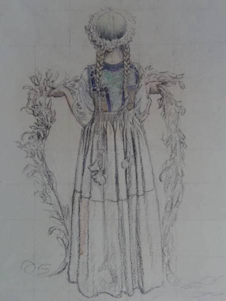 カール・ラーション、花輪を捧げる少女、希少画集画、新品額装付