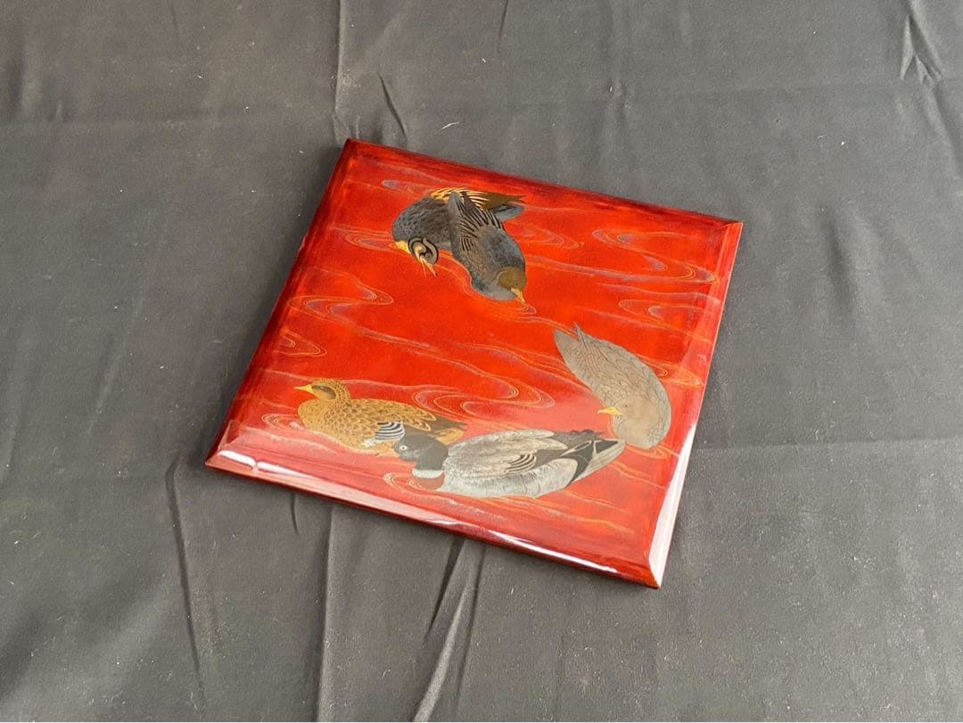 時代漆器 金銀 鴨蒔絵 紅溜 五段重箱 二枚蓋 共箱 木製 / 輪島塗